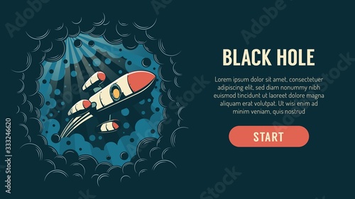 Rocket flies through a black hole in space - retro poster. Spaceship in nebula. Vector vintage flyer.