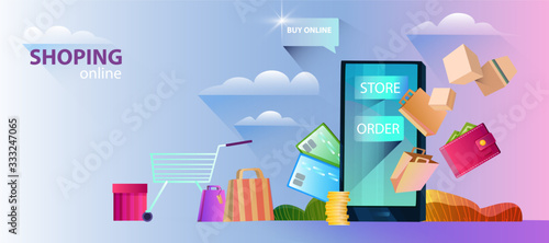 Web banner Shopping Online with smartphone, wallet, payment cards, cart, packages and boxes. Online store background in flat style with copy space for advertisements, landing pages, flyers