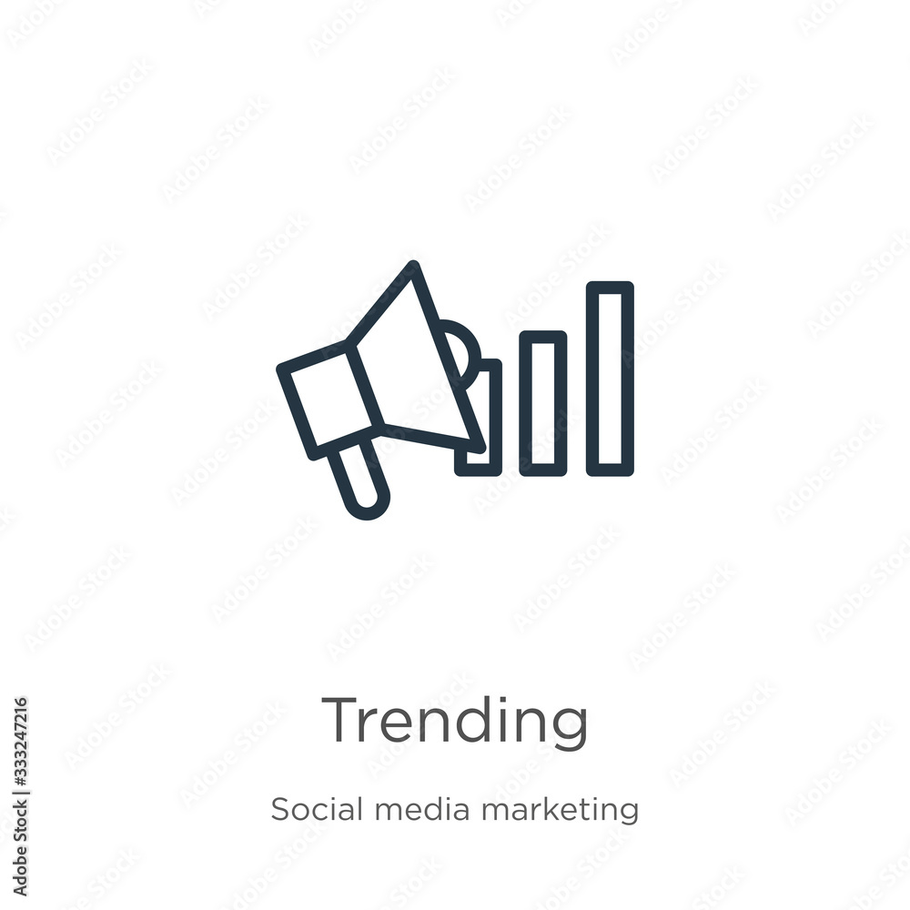 Trending icon. Thin linear trending outline icon isolated on white background from social media marketing collection. Line vector sign, symbol for web and mobile Trending icon. Thin linear trending outline icon isolated on white background from social media marketing collection. Line vector sign, symbol for web and mobile