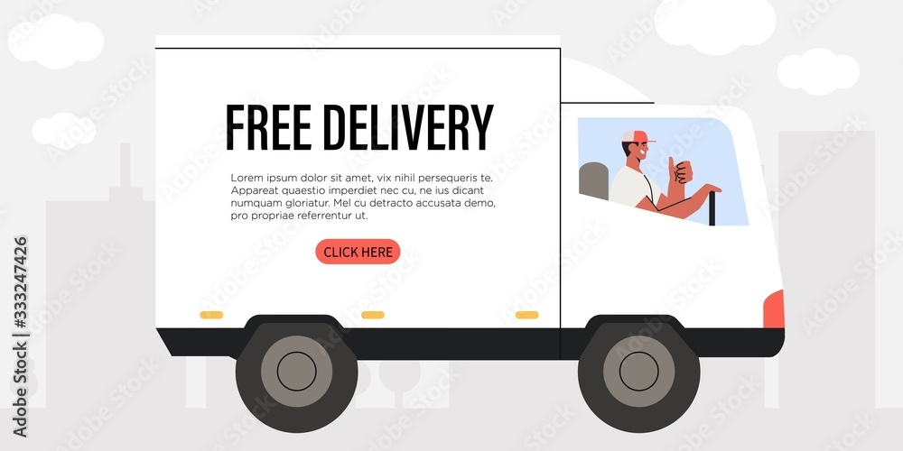 Online food or package free fast express delivery service or application. Company happy courier driving a truck delivering an order. Online cargo or food delivery for commercial and private customers.