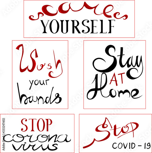 Coronavirus. Preventive measures. Plates with text. Lettering. Artificial calligraphy and antique.