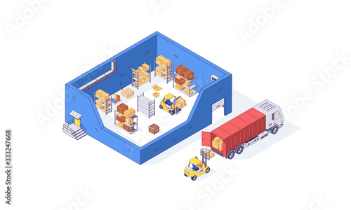 Isometric warehouse container package pallet and forklift factory. Delivery goods vector illustration