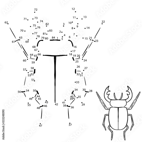  vector illustration of a logical children's game connected points beetle deer on a white background isolated drawing