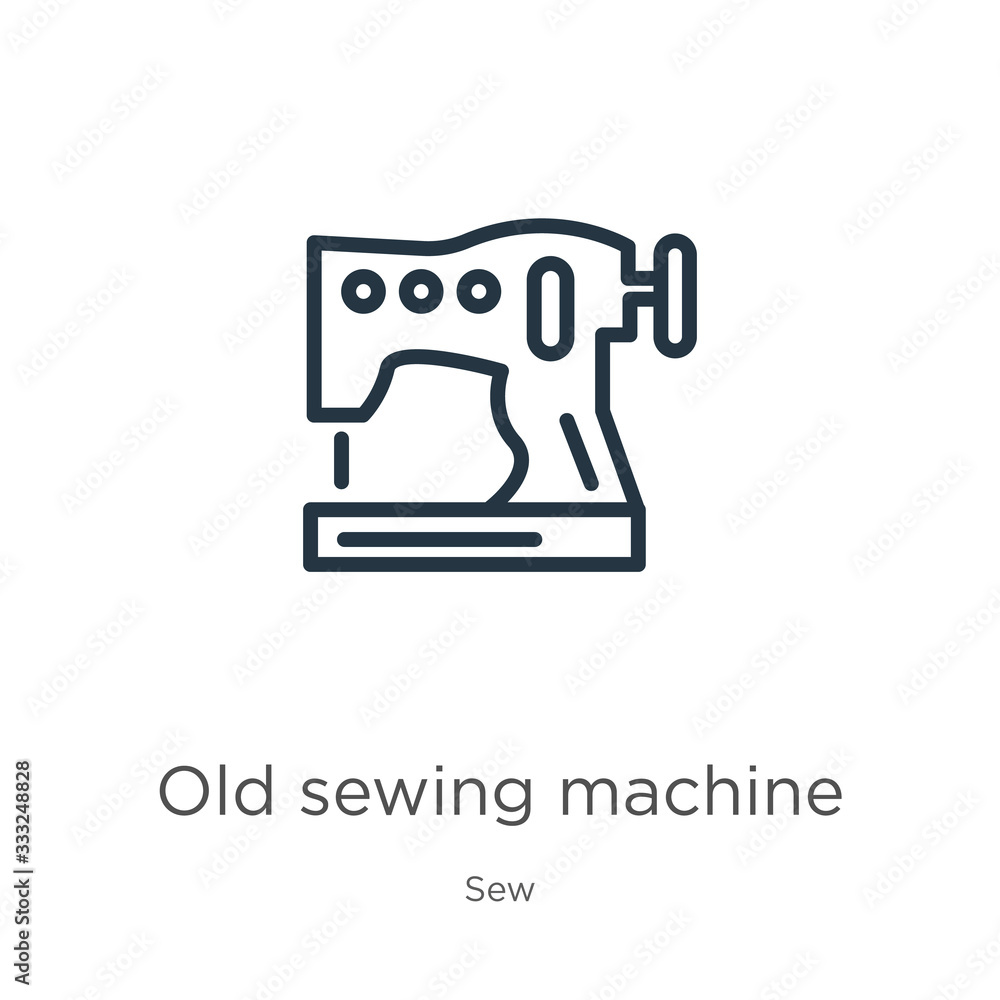 Old sewing machine icon. Thin linear old sewing machine outline icon isolated on white background from sew collection. Line vector sign, symbol for web and mobile Old sewing machine icon. Thin linear old sewing machine outline icon isolated on white background from sew collection. Line vector sign, symbol for web and mobile