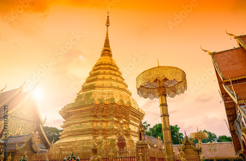 Wat Phra That Doi Suthep with golden morning sky  the most famous temple in Chiang Mai  Thailand