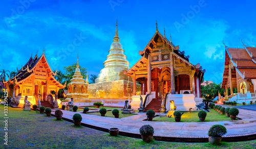 Panorama Phra Sing temple landmark for tourist at Chiang Mai Thailand.Most favorite landmark for travel Phra Sing temple at night scene.