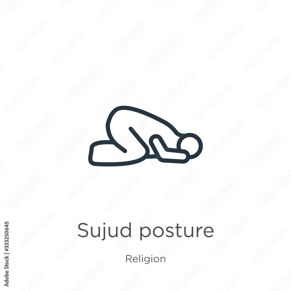 Sujud posture icon. Thin linear sujud posture outline icon isolated on white background from religion collection. Line vector sign, symbol for web and mobile Sujud posture icon. Thin linear sujud posture outline icon isolated on white background from religion collection. Line vector sign, symbol for web and mobile