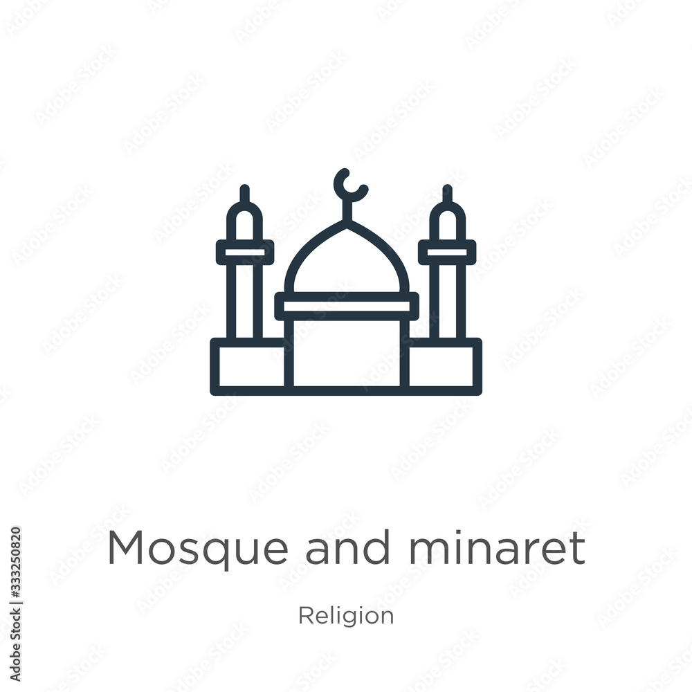 Mosque and minaret icon. Thin linear mosque and minaret outline icon isolated on white background from religion collection. Line vector sign, symbol for web and mobile