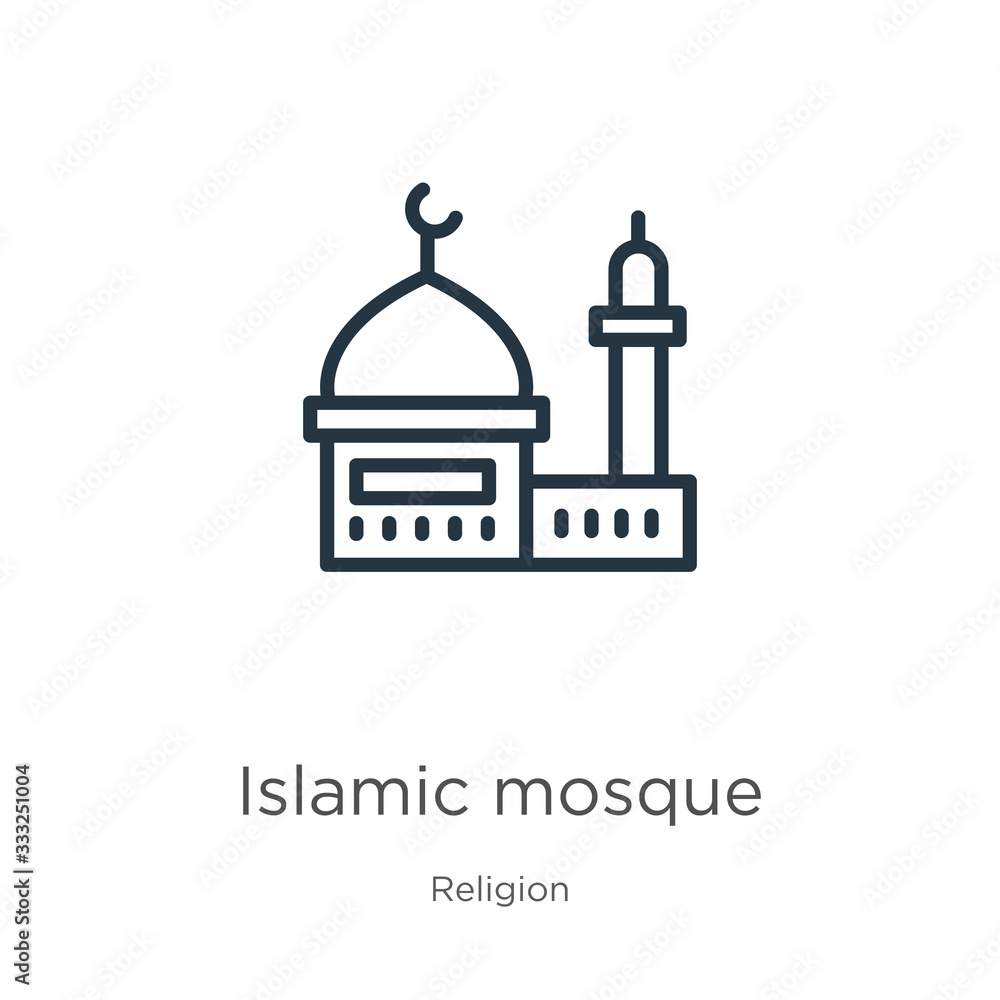 Islamic mosque icon. Thin linear islamic mosque outline icon isolated on white background from religion collection. Line vector sign, symbol for web and mobile