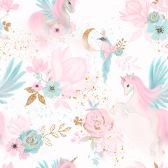 Deken met foto Eenhoorn patronen Fairy magical garden. Unicorn seamless pattern, pink, blue, gold flowers, leaves , birds and clouds. Kids room wallpaper  © Fleur*Design