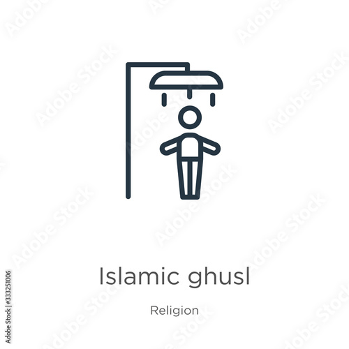 Islamic ghusl icon. Thin linear islamic ghusl outline icon isolated on white background from religion collection. Line vector sign, symbol for web and mobile