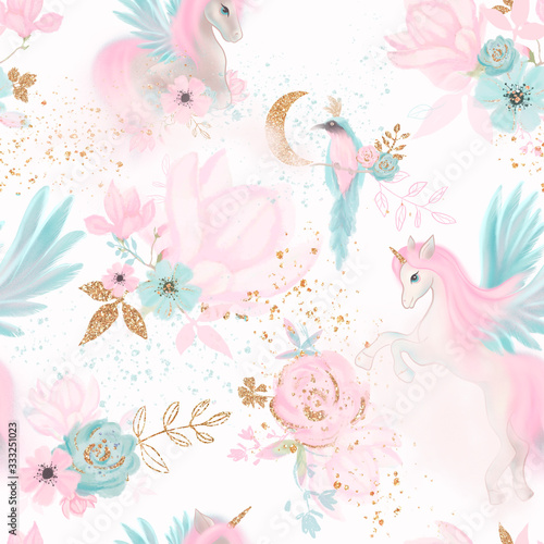 Butterfly wallpaper - Wall mural Fairy magical garden. Unicorn seamless pattern, pink, blue, gold flowers, leaves , birds and clouds. Kids room wallpaper