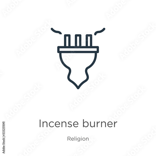 Incense burner icon. Thin linear incense burner outline icon isolated on white background from religion collection. Line vector sign, symbol for web and mobile