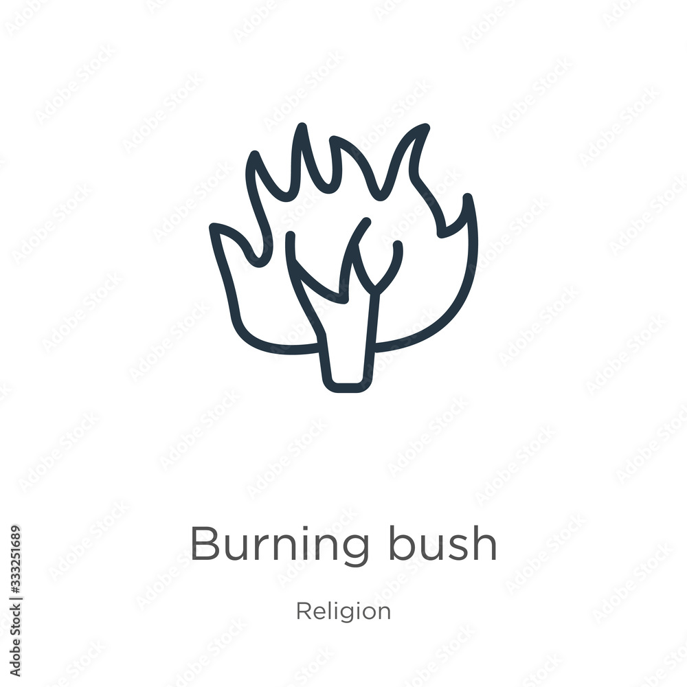 Burning bush icon. Thin linear burning bush outline icon isolated on white background from religion collection. Line vector sign, symbol for web and mobile Burning bush icon. Thin linear burning bush outline icon isolated on white background from religion collection. Line vector sign, symbol for web and mobile