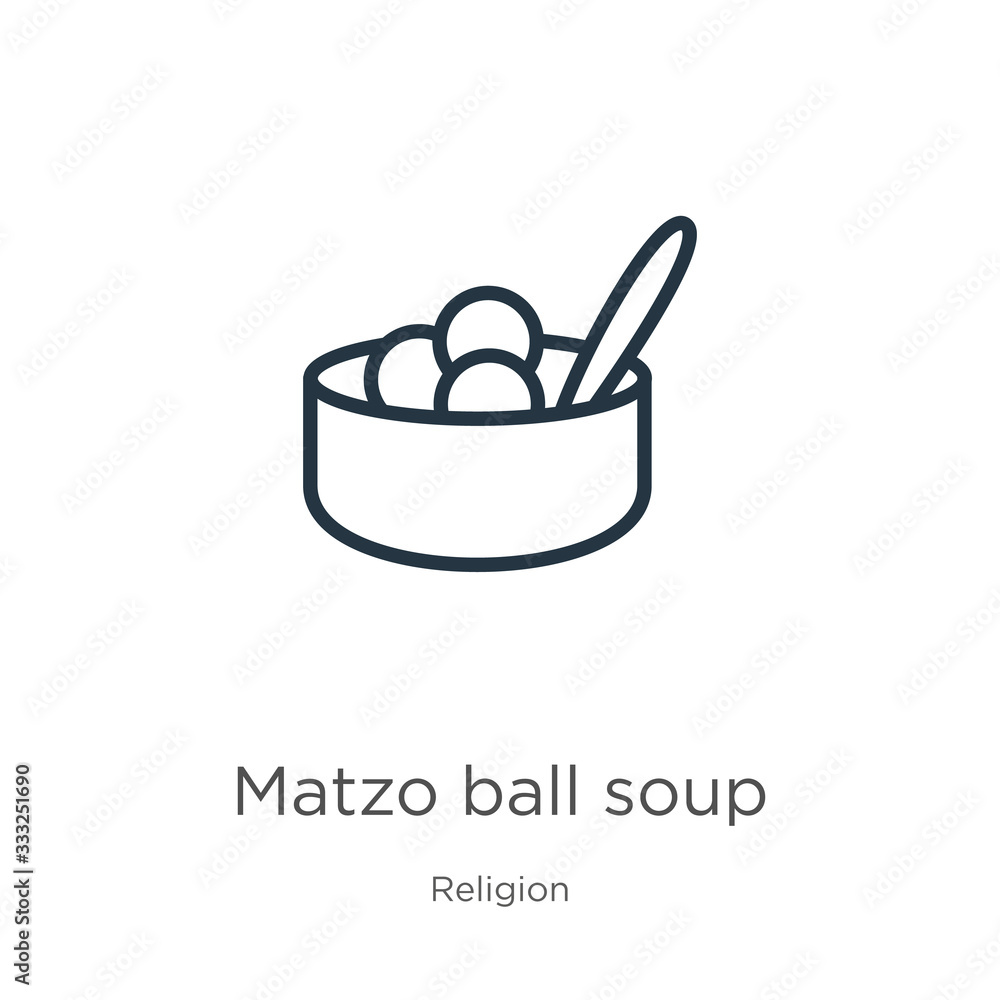 Matzo ball soup icon. Thin linear matzo ball soup outline icon isolated on white background from religion collection. Line vector sign, symbol for web and mobile Matzo ball soup icon. Thin linear matzo ball soup outline icon isolated on white background from religion collection. Line vector sign, symbol for web and mobile