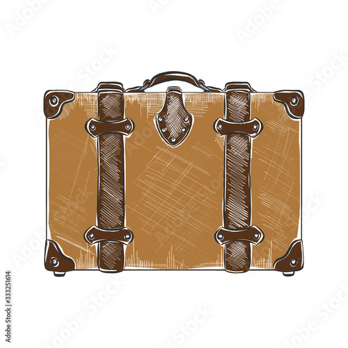 Vector engraved style illustration for posters, decoration and logo. Hand drawn sketch of travel suitcase in colorful isolated on white background. Detailed vintage woodcut style drawing.