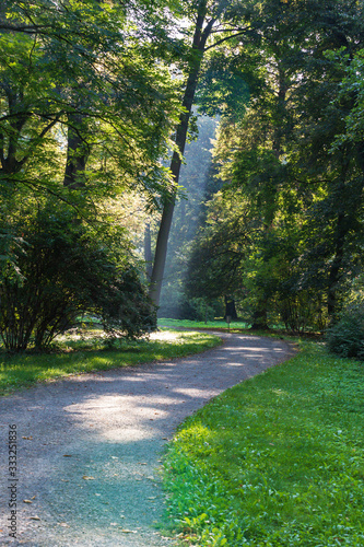 A path in a park where trees and sun rays shine through the trees.