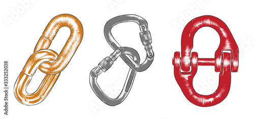 Vector set of engraved style illustration for posters, decoration and logo. Hand drawn sketch of block chain in colorful isolated on white background. Detailed vintage woodcut style drawing.