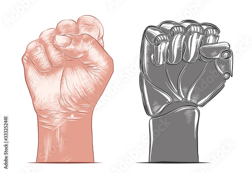 Vector engraved style illustration for posters, decoration and print. Hand drawn sketch of human and robot fist gesture in colorful isolated on white background. Detailed vintage woodcut  drawing.