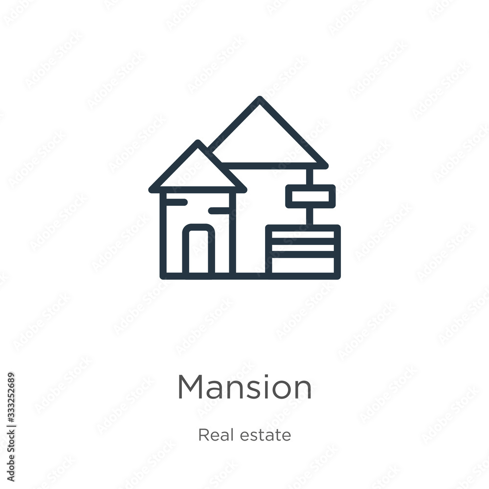 Mansion icon. Thin linear mansion outline icon isolated on white background from real estate collection. Line vector sign, symbol for web and mobile Mansion icon. Thin linear mansion outline icon isolated on white background from real estate collection. Line vector sign, symbol for web and mobile