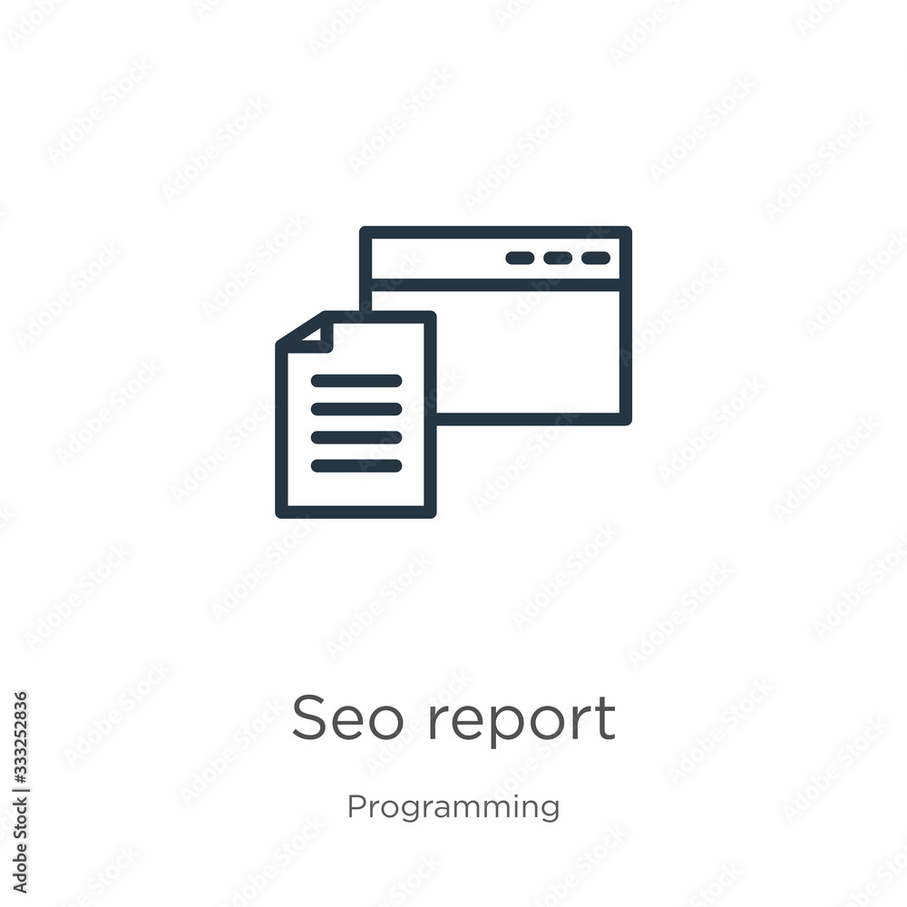 Seo report icon. Thin linear seo report outline icon isolated on white background from programming collection. Line vector sign, symbol for web and mobile Seo report icon. Thin linear seo report outline icon isolated on white background from programming collection. Line vector sign, symbol for web and mobile