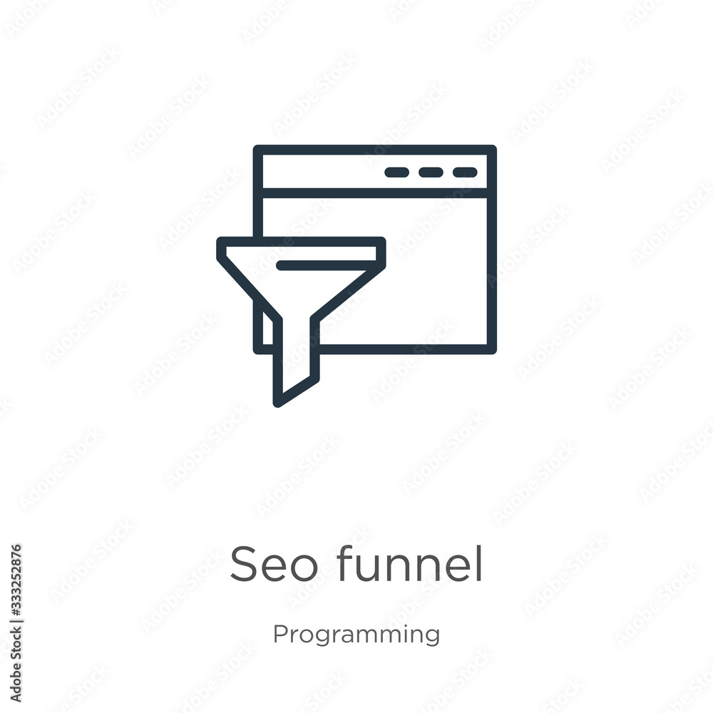 Seo funnel icon. Thin linear seo funnel outline icon isolated on white background from programming collection. Line vector sign, symbol for web and mobile Seo funnel icon. Thin linear seo funnel outline icon isolated on white background from programming collection. Line vector sign, symbol for web and mobile