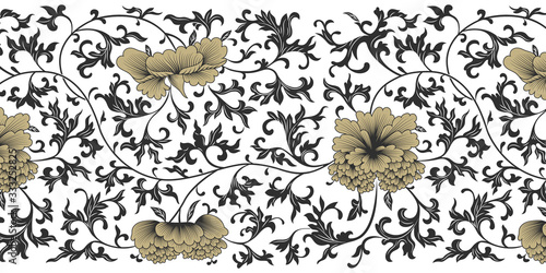 Japanese black, gold and white vector background. Peony flower oriental pattern. Asian antique floral border for printing on packaging, textiles, paper, covers, manufacturing, wallpapers.