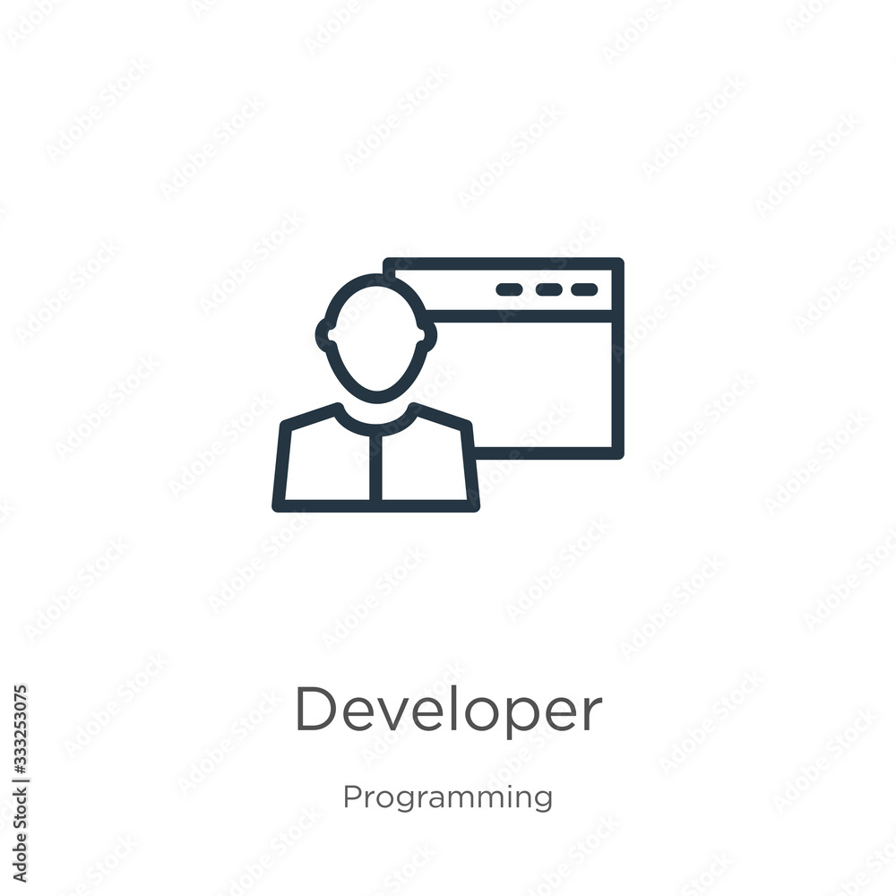 Developer icon. Thin linear developer outline icon isolated on white background from programming collection. Line vector sign, symbol for web and mobile Developer icon. Thin linear developer outline icon isolated on white background from programming collection. Line vector sign, symbol for web and mobile