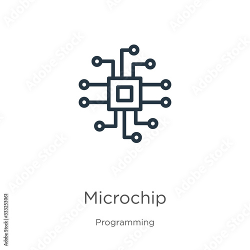 Microchip icon. Thin linear microchip outline icon isolated on white background from programming collection. Line vector sign, symbol for web and mobile