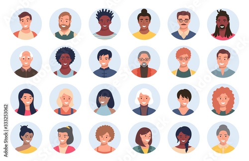 Set of persons, avatars, people heads of different ethnicity and age in flat style. Multi nationality social networks people faces collection. photo