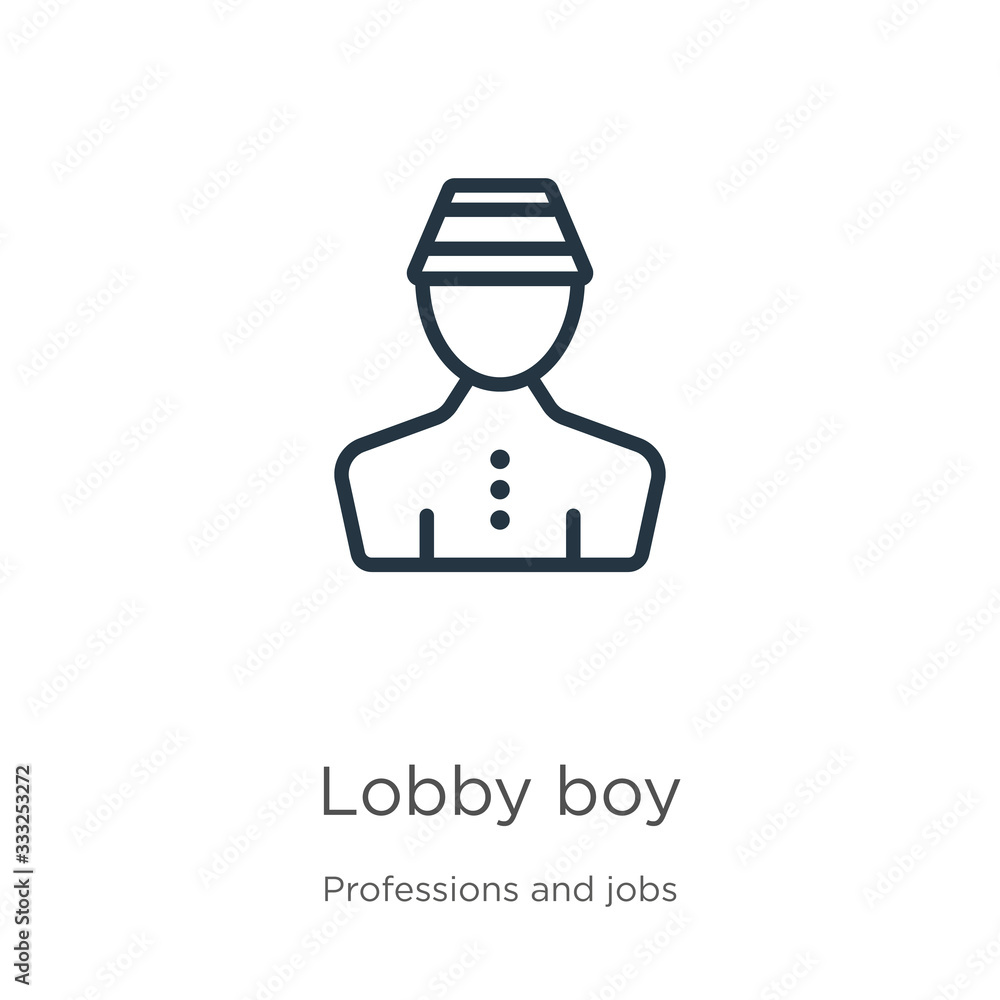 Lobby boy icon. Thin linear lobby boy outline icon isolated on white background from professions and jobs collection. Line vector sign, symbol for web and mobile Lobby boy icon. Thin linear lobby boy outline icon isolated on white background from professions and jobs collection. Line vector sign, symbol for web and mobile