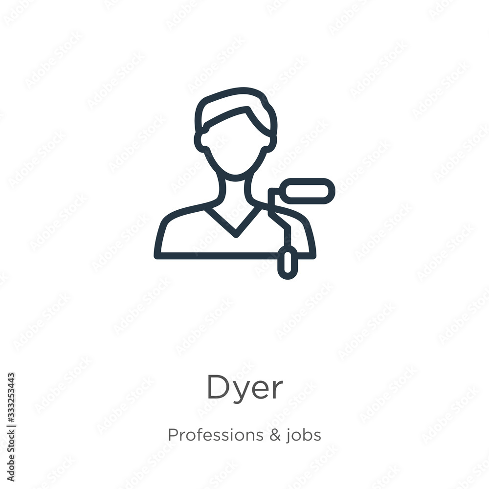 Dyer icon. Thin linear dyer outline icon isolated on white background from professions collection. Line vector sign, symbol for web and mobile Dyer icon. Thin linear dyer outline icon isolated on white background from professions collection. Line vector sign, symbol for web and mobile