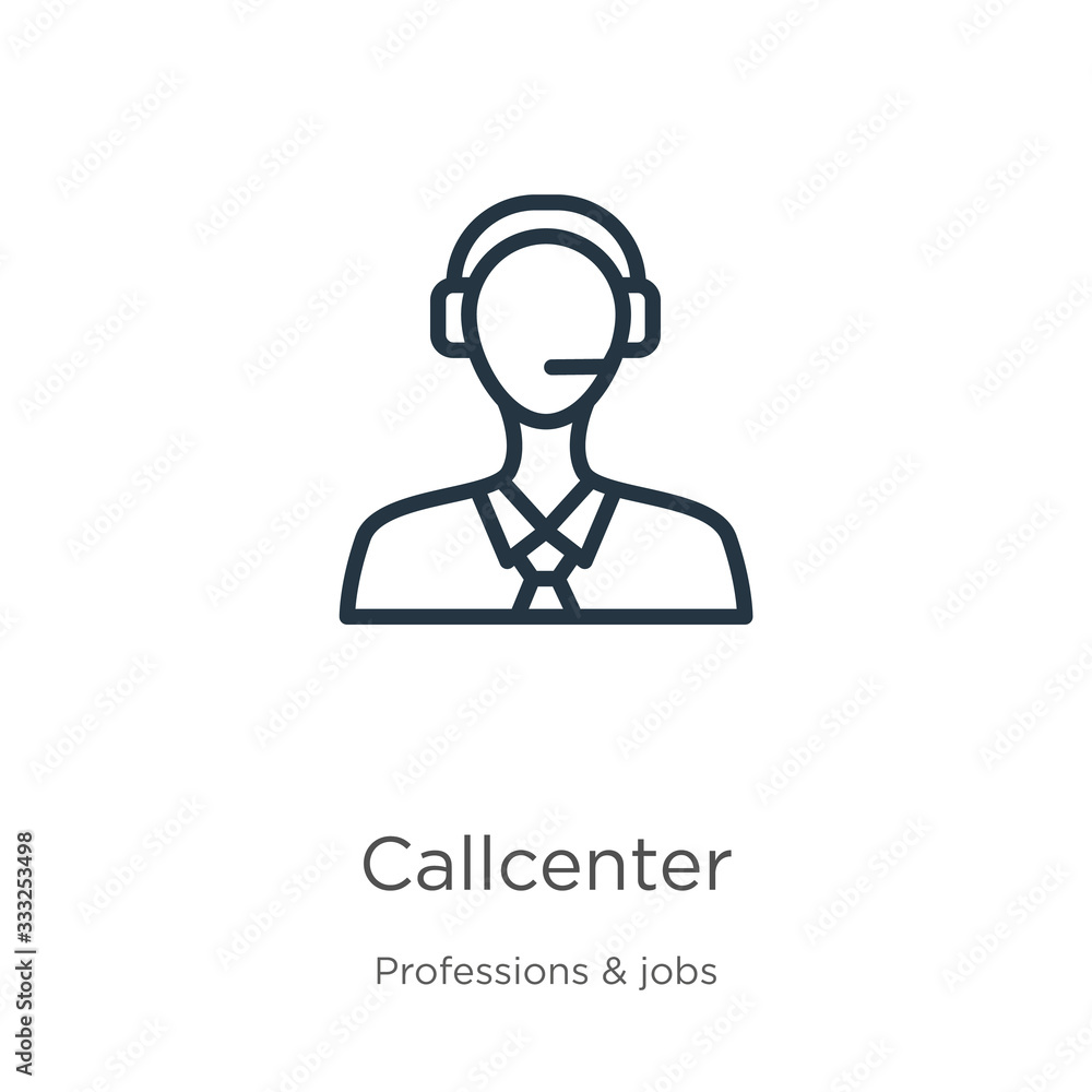 Callcenter icon. Thin linear callcenter outline icon isolated on white background from professions collection. Line vector sign, symbol for web and mobile Callcenter icon. Thin linear callcenter outline icon isolated on white background from professions collection. Line vector sign, symbol for web and mobile