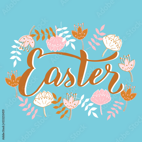 Easter text font postcard. Handwritten lettering typeface design. Greeting spring easter holiday card. Poster  wreath  package  invitation template. Vector isolated illustration.