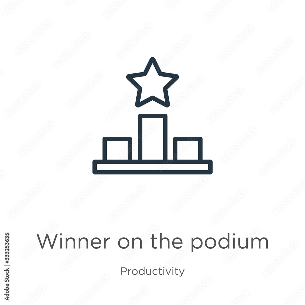 Winner on the podium icon. Thin linear winner on the podium outline icon isolated on white background from productivity collection. Line vector sign, symbol for web and mobile Winner on the podium icon. Thin linear winner on the podium outline icon isolated on white background from productivity collection. Line vector sign, symbol for web and mobile