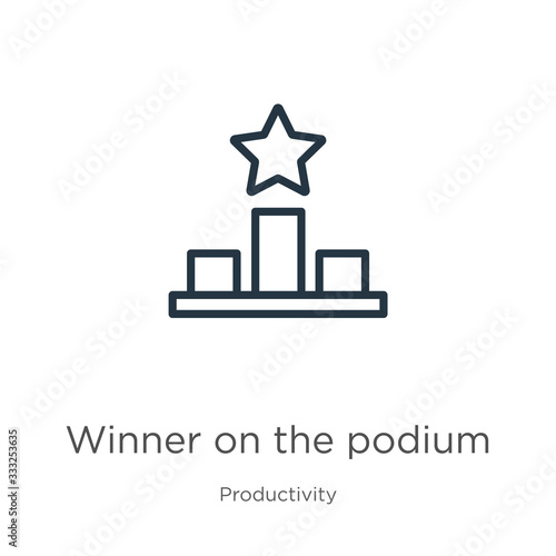 Winner on the podium icon. Thin linear winner on the podium outline icon isolated on white background from productivity collection. Line vector sign, symbol for web and mobile
