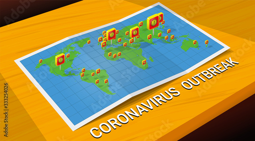 Covid-19 Coronavirus outbreak illustrated with pins showing the location with infection on a map. Vector illustration.