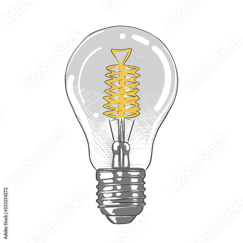 Vector engraved style illustration for posters, decoration and print. Hand drawn sketch of light bulb lamp in colorful isolated on white background. Detailed vintage woodcut style drawing.