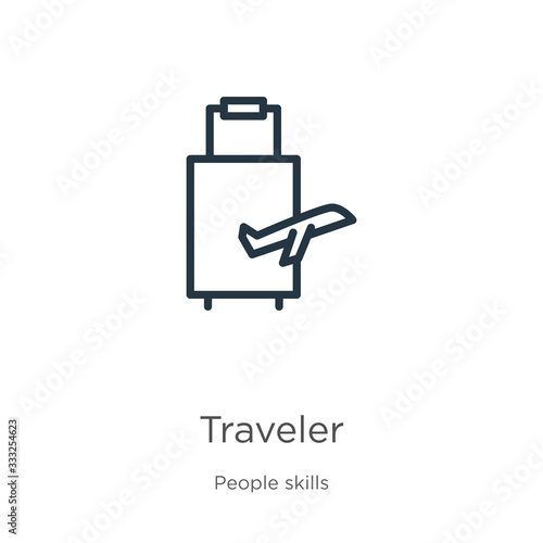 Traveler icon. Thin linear traveler outline icon isolated on white background from people skills collection. Line vector sign, symbol for web and mobile