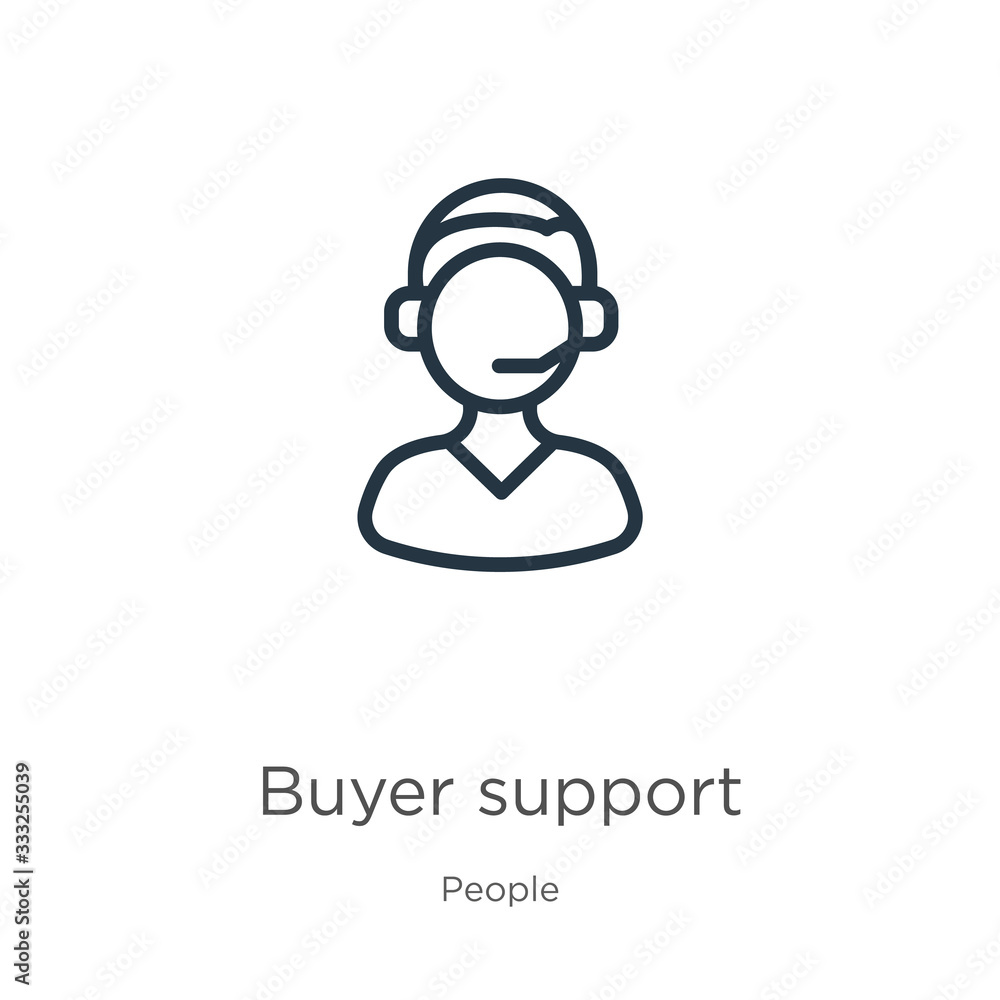 Buyer support icon. Thin linear buyer support outline icon isolated on white background from people collection. Line vector sign, symbol for web and mobile Buyer support icon. Thin linear buyer support outline icon isolated on white background from people collection. Line vector sign, symbol for web and mobile