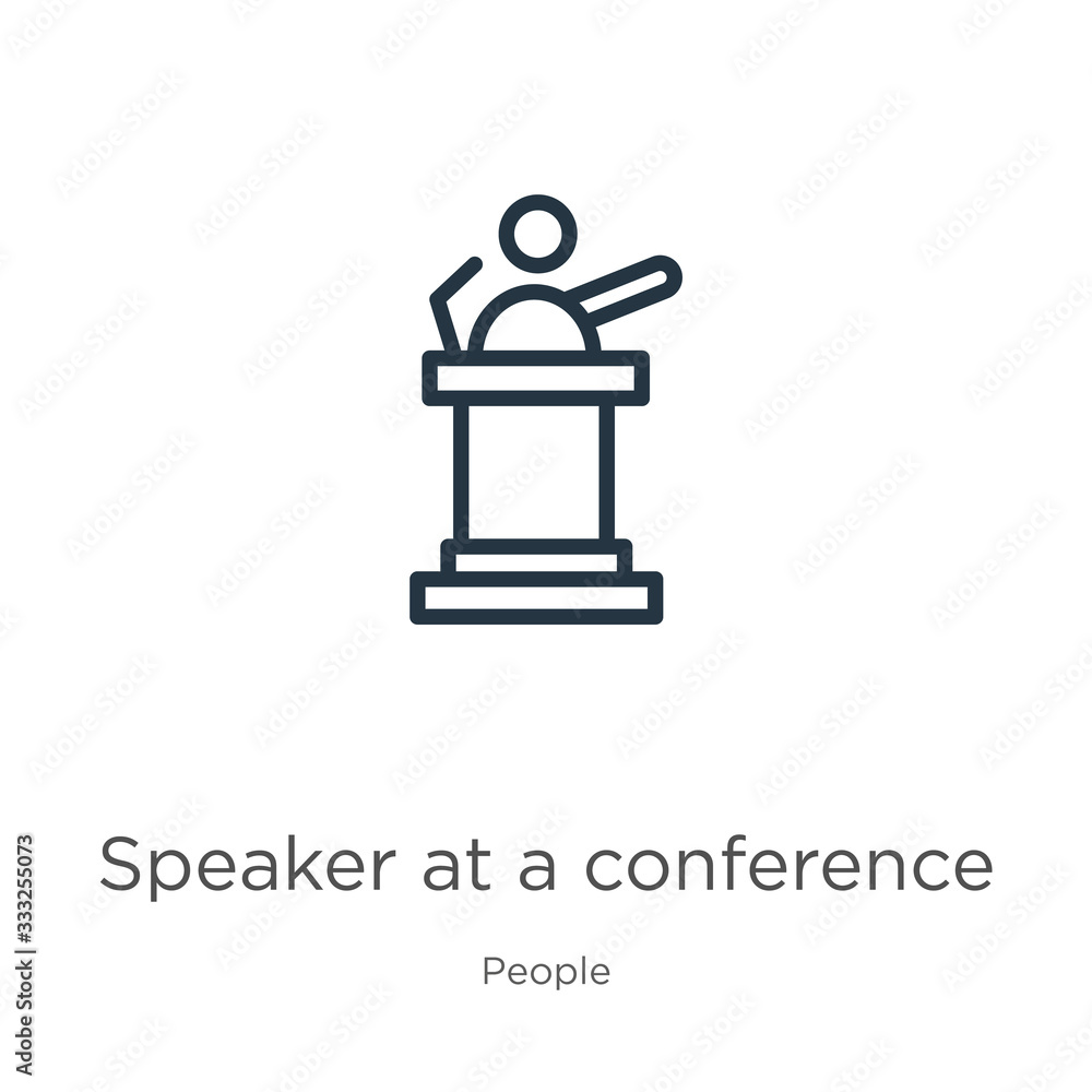 Speaker at a conference icon. Thin linear speaker at a conference outline icon isolated on white background from people collection. Line vector sign, symbol for web and mobile