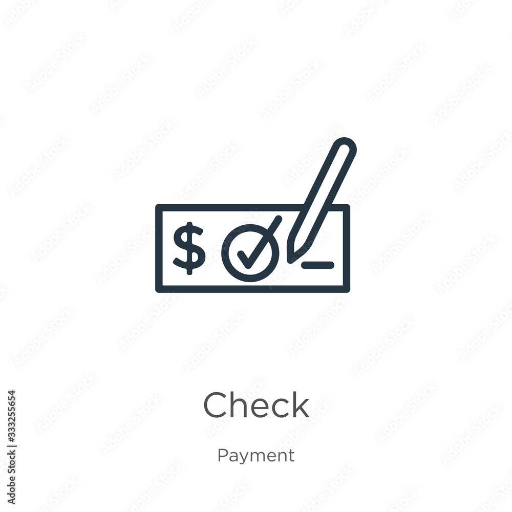 Check icon. Thin linear check outline icon isolated on white background from payment collection. Line vector sign, symbol for web and mobile Check icon. Thin linear check outline icon isolated on white background from payment collection. Line vector sign, symbol for web and mobile