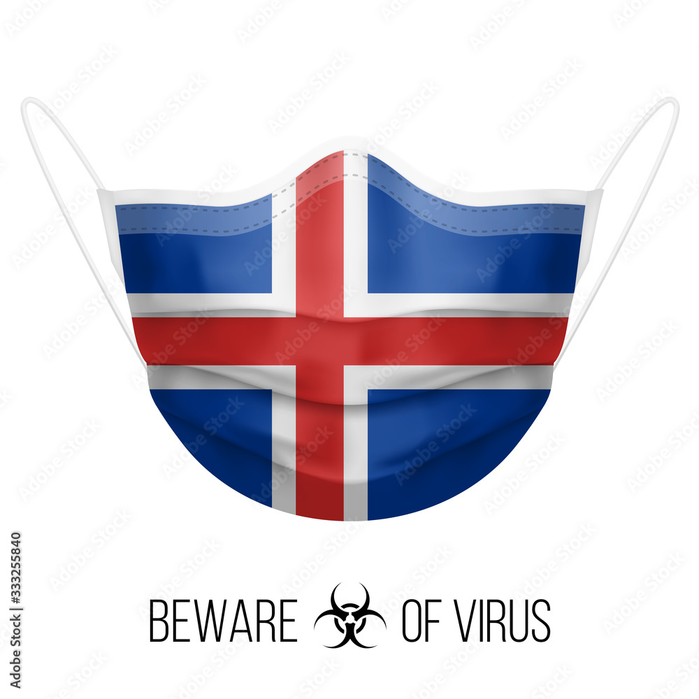Fototapeta premium Medical Mask with National Flag of Iceland as Icon on White. Protective Mask Virus and Flu. Surgery Concept of Health Care Problems and Fight Novel Coronavirus (2019-nCoV) in Form of Icelandic flag
