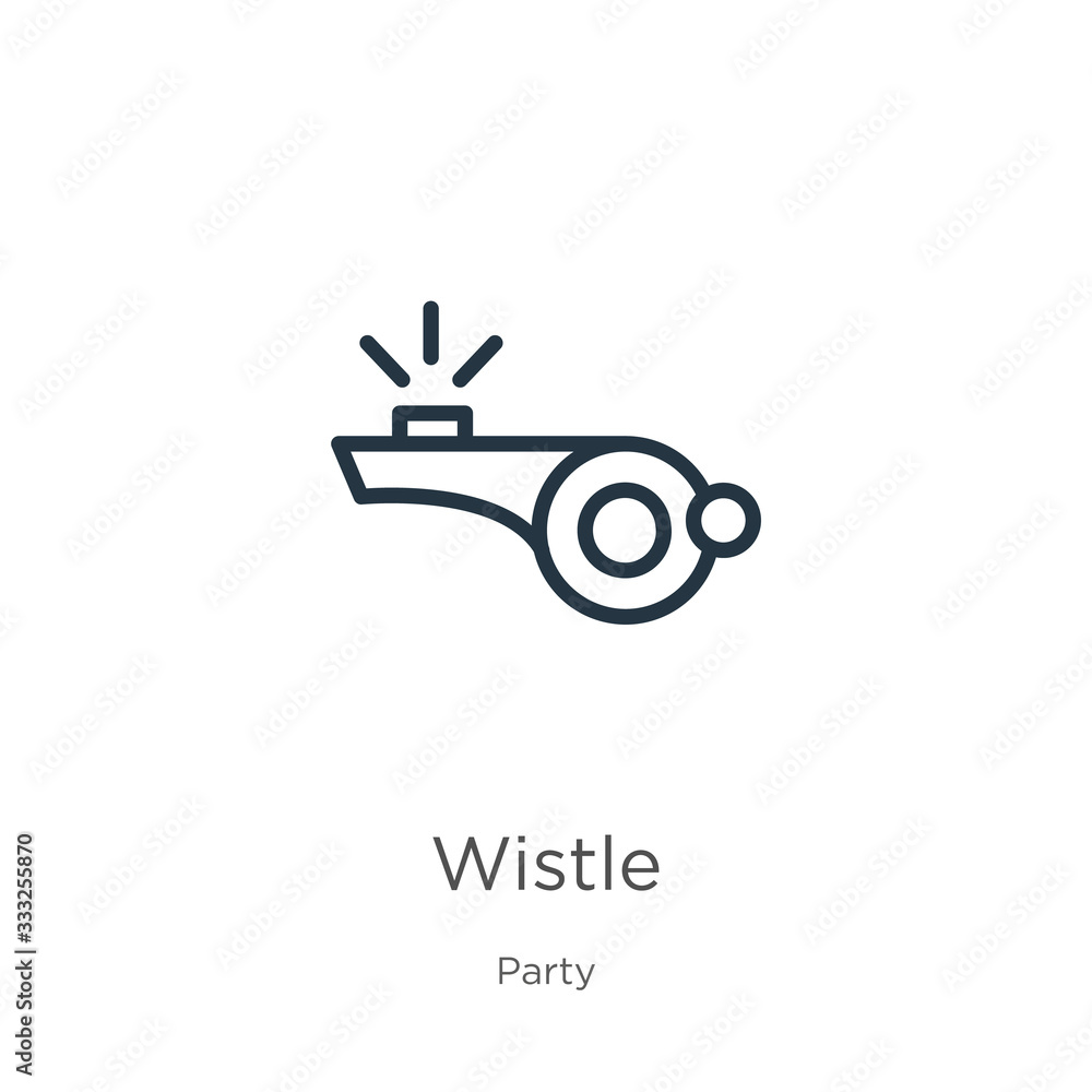 Wistle icon. Thin linear wistle outline icon isolated on white background from party collection. Line vector sign, symbol for web and mobile Wistle icon. Thin linear wistle outline icon isolated on white background from party collection. Line vector sign, symbol for web and mobile