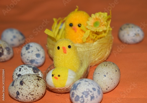 chickens in a basket and Easter eggs