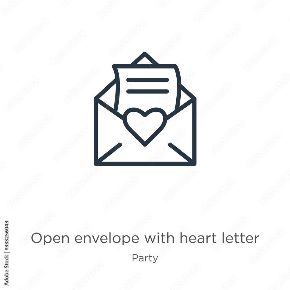 Open envelope with heart letter icon. Thin linear open envelope with heart letter outline icon isolated on white background from party collection. Line vector sign, symbol for web and mobile Open envelope with heart letter icon. Thin linear open envelope with heart letter outline icon isolated on white background from party collection. Line vector sign, symbol for web and mobile