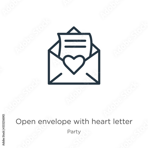 Open envelope with heart letter icon. Thin linear open envelope with heart letter outline icon isolated on white background from party collection. Line vector sign, symbol for web and mobile