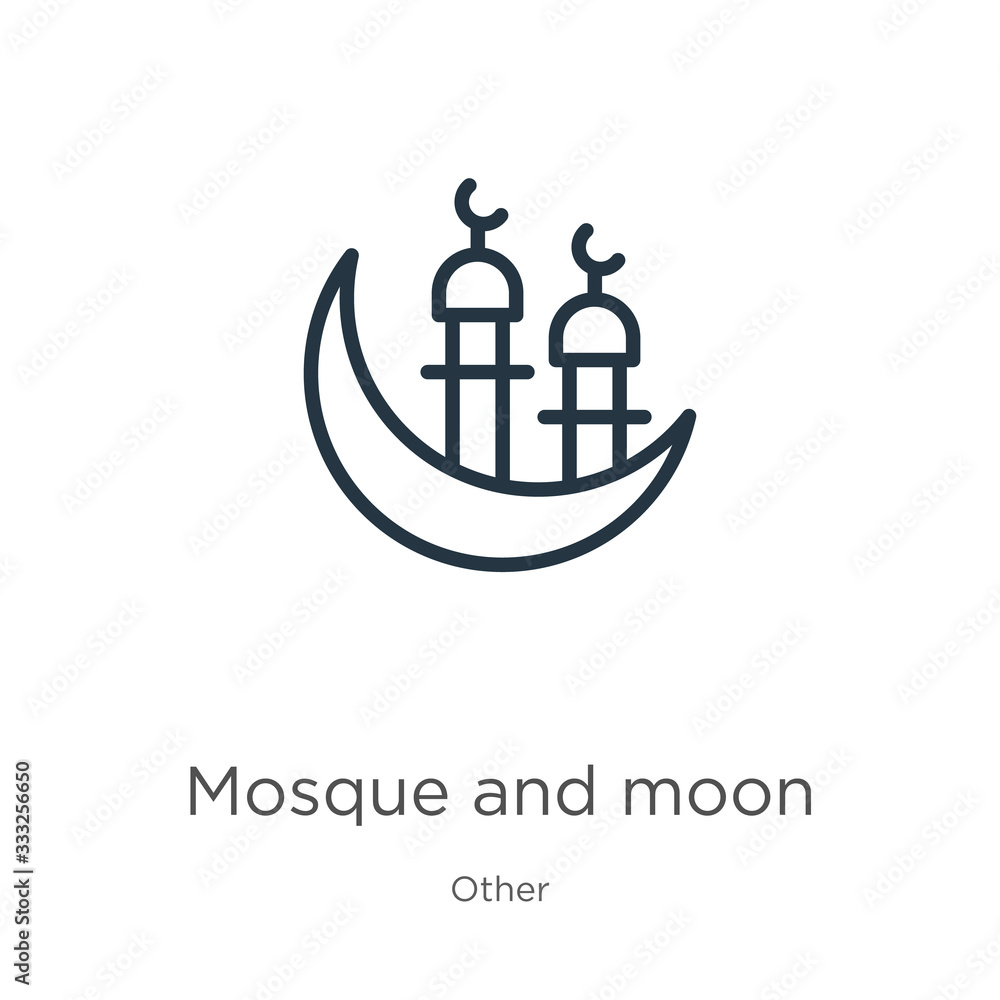 Mosque and moon icon. Thin linear mosque and moon outline icon isolated on white background from other collection. Line vector sign, symbol for web and mobile Mosque and moon icon. Thin linear mosque and moon outline icon isolated on white background from other collection. Line vector sign, symbol for web and mobile