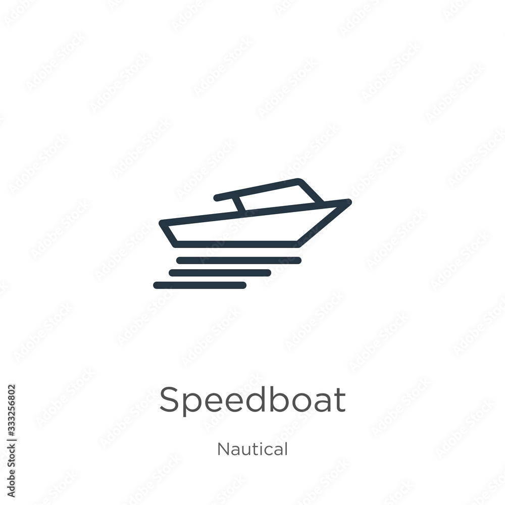 Speedboat icon. Thin linear speedboat outline icon isolated on white background from nautical collection. Line vector sign, symbol for web and mobile Speedboat icon. Thin linear speedboat outline icon isolated on white background from nautical collection. Line vector sign, symbol for web and mobile