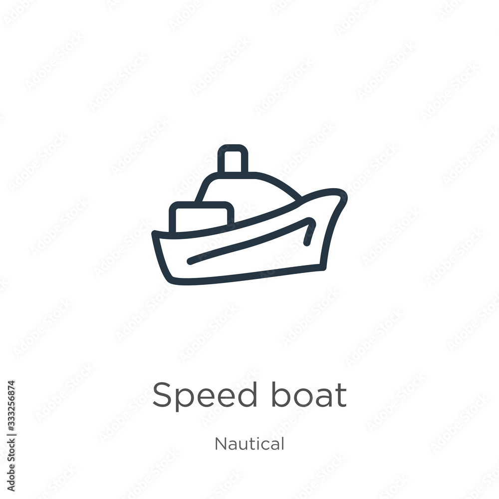 Speed boat icon. Thin linear speed boat outline icon isolated on white background from nautical collection. Line vector sign, symbol for web and mobile Speed boat icon. Thin linear speed boat outline icon isolated on white background from nautical collection. Line vector sign, symbol for web and mobile